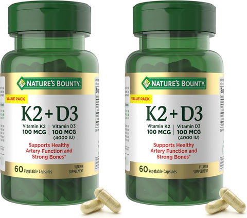 Nature's Bounty Supplement, 4000 IU Vitamin D3 Plus 100 mcg of Vitamin K Supplements for Adults for Heart & Bone Health Support, 60 Day Supply, 60 Vegetarian Capsules (Pack of 2)