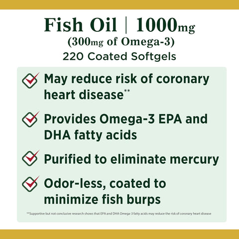 Nature's Bounty Fish Oil 1000 mg Coated Softgels, 220 Count