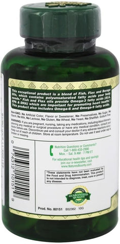 Nature's Bounty Fish, Organic Flaxseed and Borage Oils, Omega 3-6-9 and Fatty Acids, Supports Heart, Cellular and Metabolic Function, 1200 mg, 72 Softgels