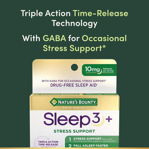 Nature's Bounty Sleep + Stress Support, Sleep3 Maximum Strength 100% Drug Free Sleep Aid, Dietary Supplement with Ashwagandha, Time Release Technology, 10mg, 28 Tri-Layered Tablets