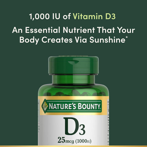 Nature's Bounty Vitamin D3 1000 IU, Immune Support, Helps Maintain Healthy Bones, 250 Rapid Release Softgels (Pack of 2)