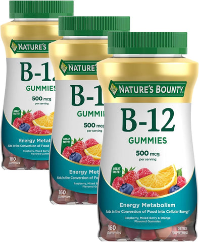 Nature's Bounty Vitamin B12 Gummies, Dietary Supplement, Supports Energy Metabolism and Nervous System Health, Mixed Berry Flavor, 500mcg, 160 Count (Pack of 3)