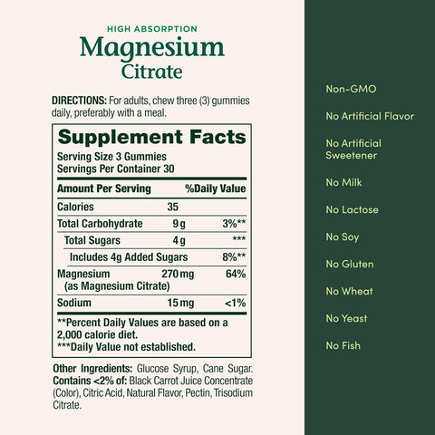 Nature's Bounty Magnesium Citrate Gummies for Adults, Supports General Health, Bone, Nerve, Muscle & Heart Health Support, 270mg per Serving, Vegan, Non-GMO - Raspberry 90 Count