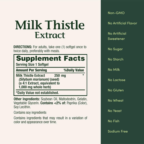 Nature's Bounty Milk Thistle 1000mg, Herbal Health Supplement, Daily Supplement, Gluten Free, Rapid Release Softgels, 50 Ct