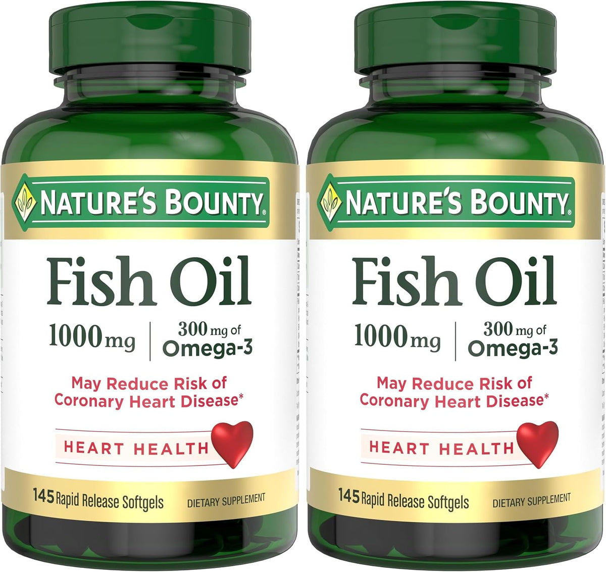 Nature's Bounty Fish Oil,Supports Heart Health,1000mg,Rapid Release Softgels,145 Ct,(Pack of 2)