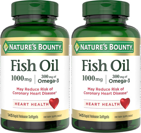 Nature's Bounty Fish Oil,Supports Heart Health,1000mg,Rapid Release Softgels,145 Ct,(Pack of 2)