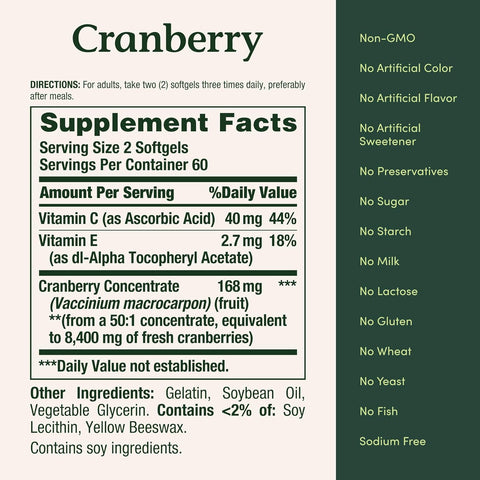 Nature's Bounty Cranberry Pills for Women Urinary Tract Health, Cranberry Supplements with Concentrate & Vitamin C, 120 Softgels