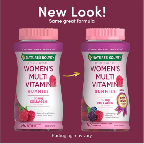 Nature's Bounty Optimal Solutions, Women's Multivitamin Gummies for Immune Support, Cellular Energy Support, Bone Health, Raspberry Flavor, 140 Ct, 70 Total Servings