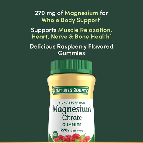 Nature's Bounty Magnesium Citrate Gummies for Adults, Supports General Health, Bone, Nerve, Muscle & Heart Health Support, 270mg per Serving, Vegan, Non-GMO - Raspberry 90 Count