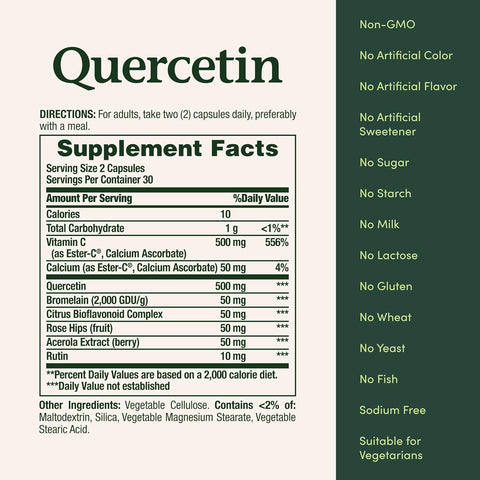 Nature’s Bounty Quercetin, Immune Support, 500mg, With Vitamin C, Rose Hips, & Rutin, 60 count