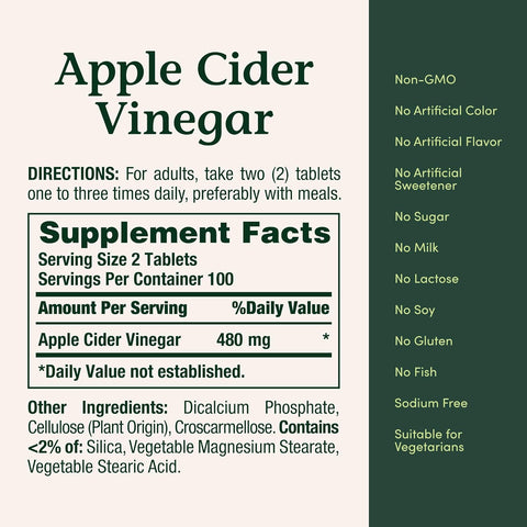 Nature's Bounty Apple Cider Vinegar 480mg Pills, Vegetarian Supplement Plant Based, 200 Tablets