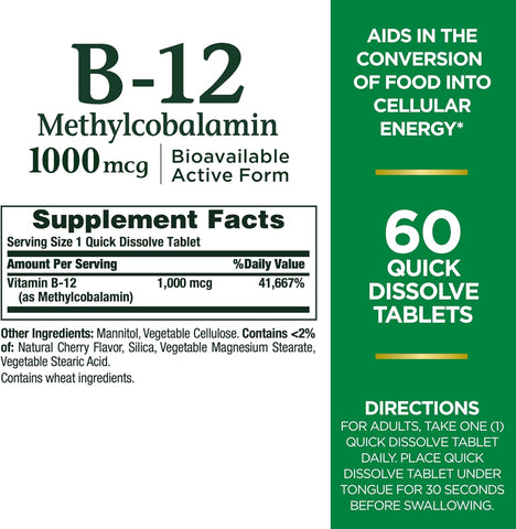 Nature's Bounty Vitamin B-12 Quick Dissolve Tablets, 1000mcg, Aids in the Conversion of Food into Cellular Energy, Cherry Flavor, 60ct