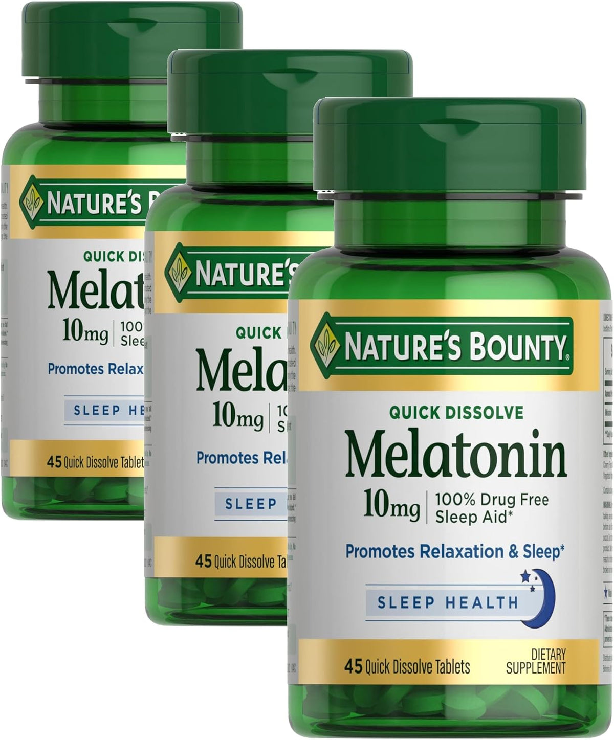 Nature's Bounty Melatonin, 100% Drug Free Sleep Aid, Dietary Supplement, Promotes Relaxation and Sleep Health, 10mg, Quick Dissolve Tablets, 45 Count (Pack of 3)