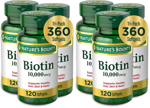 Nature's Bounty Biotin Hair Skin and Nails Vitamins,Supports Healthy Hair,Skin and Nails,10,000 mcg,120 Count (Pack of 6)