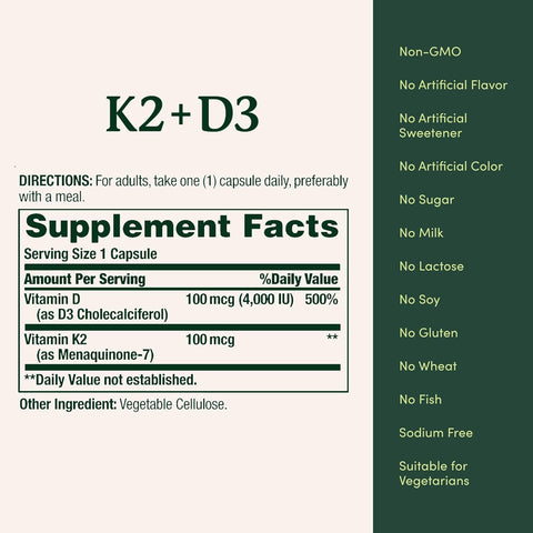 Nature’s Bounty Vitamin D3 K2 Supplement, 4000 IU Vitamin D3 plus 100 mcg of Vitamin K Supplements for Adults for Heart & Bone Health Support, 60 Day Supply, 60 Vegetarian Capsules
