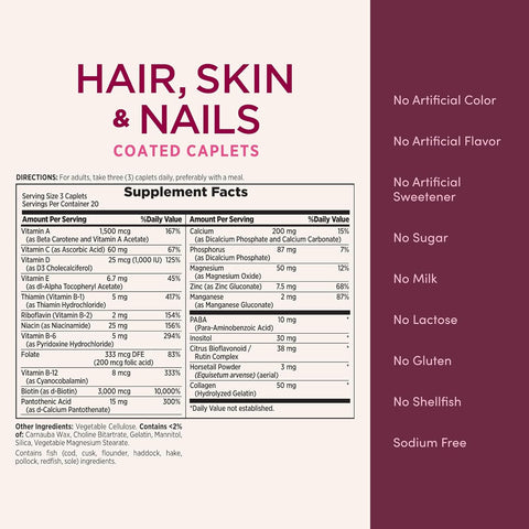 Nature's Bounty Optimal Solutions Hair, Skin & Nails Formula, with 3,000 mcg Biotin, 60 Coated Caplets, 20 Total Servings