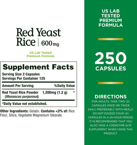 Nature's Bounty Red Yeast Rice, Herbal Supplement, 600mg, 250 Capsules (Pack of 2)