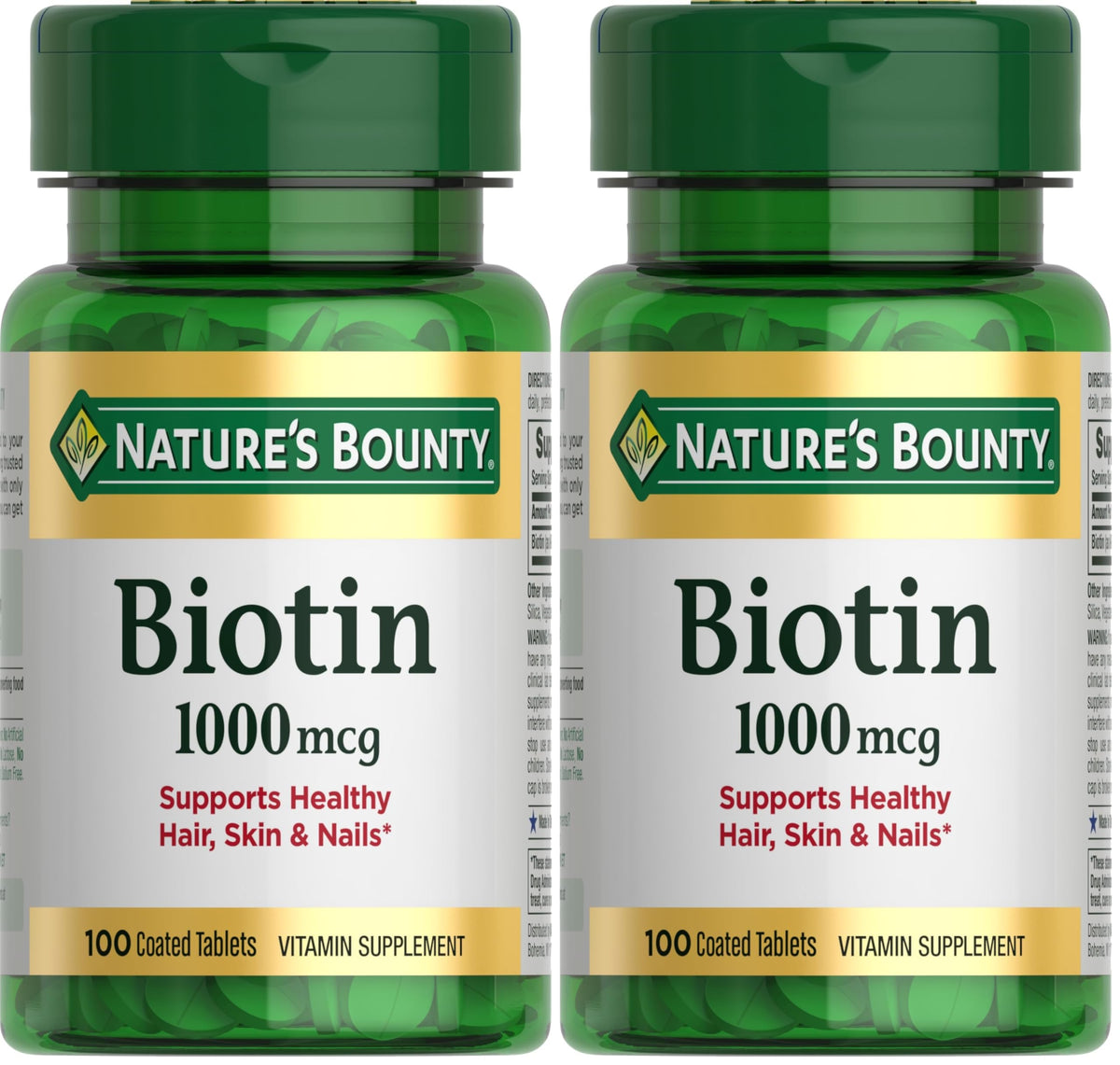 Nature's Bounty Biotin, Supports Metabolism for Energy and Healthy Hair, Skin, and Nails, 1000 mcg, 100 Tablets (Pack of 2)