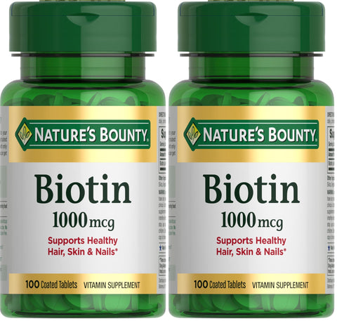 Nature's Bounty Biotin, Supports Metabolism for Energy and Healthy Hair, Skin, and Nails, 1000 mcg, 100 Tablets (Pack of 2)