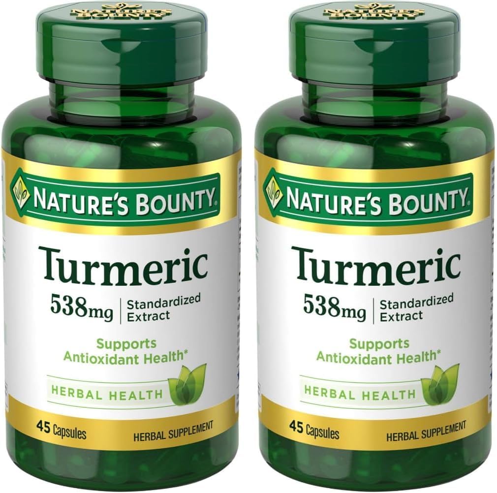 Nature's Bounty Turmeric Pills and Herbal Health Supplement, Supports, Antioxidant Health, 538mg, 45 Capsules (Pack of 2)