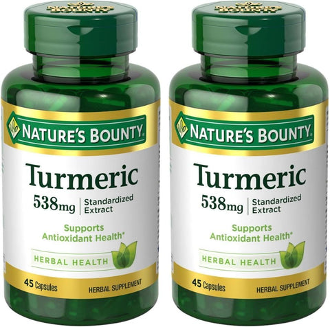 Nature's Bounty Turmeric Pills and Herbal Health Supplement, Supports, Antioxidant Health, 538mg, 45 Capsules (Pack of 2)