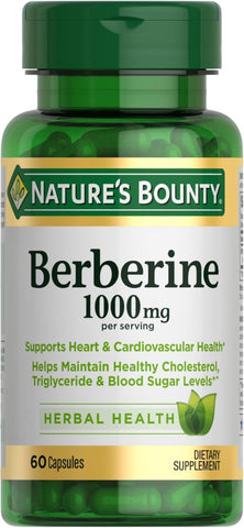 Nature’s Bounty Berberine 1000mg Capsules, Supports Heart Health, Cholesterol & Blood Sugar Levels in a Normal Range, Non-GMO Supplement, 60 Count