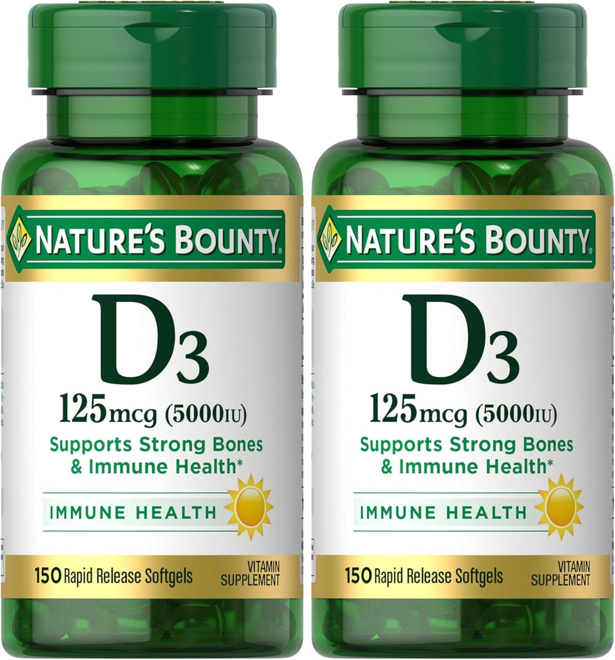 Nature's Bounty Vitamin D3 5000 IU Softgels, Rapid Release, Immune Support, Vitamin D Supplements, 150 Count (Pack of 2)