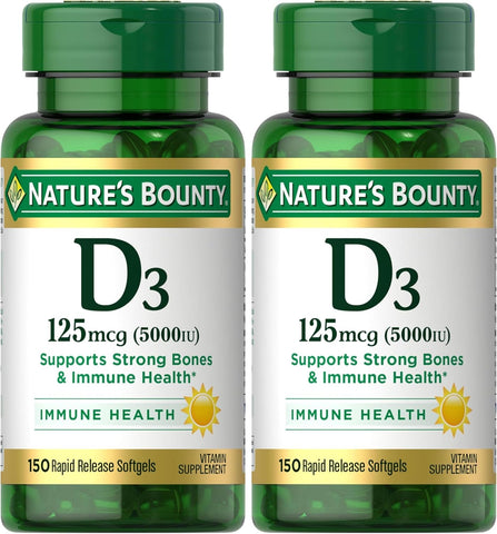 Nature's Bounty Vitamin D3 5000 IU Softgels, Rapid Release, Immune Support, Vitamin D Supplements, 150 Count (Pack of 2)