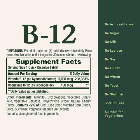 Nature's Bounty Vitamin B12, Supports Energy Metabolism and Nervous System Health, 5000mcg, 40 Quick Dissolve Tablets