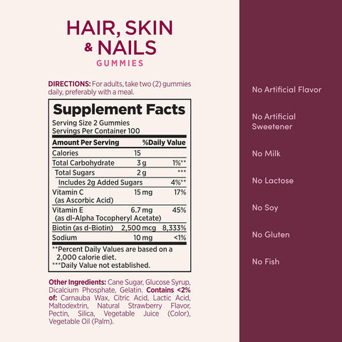Nature's Bounty Optimal Solutions Hair, Skin and Nails Gummies with Biotin, 2500 mcg, Strawberry Flavored, 200 Count, 100 Total Servings