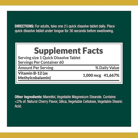 Nature's Bounty Vitamin B-12 Quick Dissolve Tablets, 1000mcg, Aids in The Conversion of Food into Cellular Energy, Cherry Flavor, 60ct (Pack of 3)