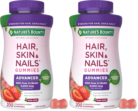 Nature's Bounty Optimal Solutions Advanced Hair, Skin and Nails Pectin Gummies, 2X Biotin Per Serving, No Stick Gummy, Vegetarian Formula, Strawberry Flavor, 200 ct, 100 Total Servings (Pack of 2)