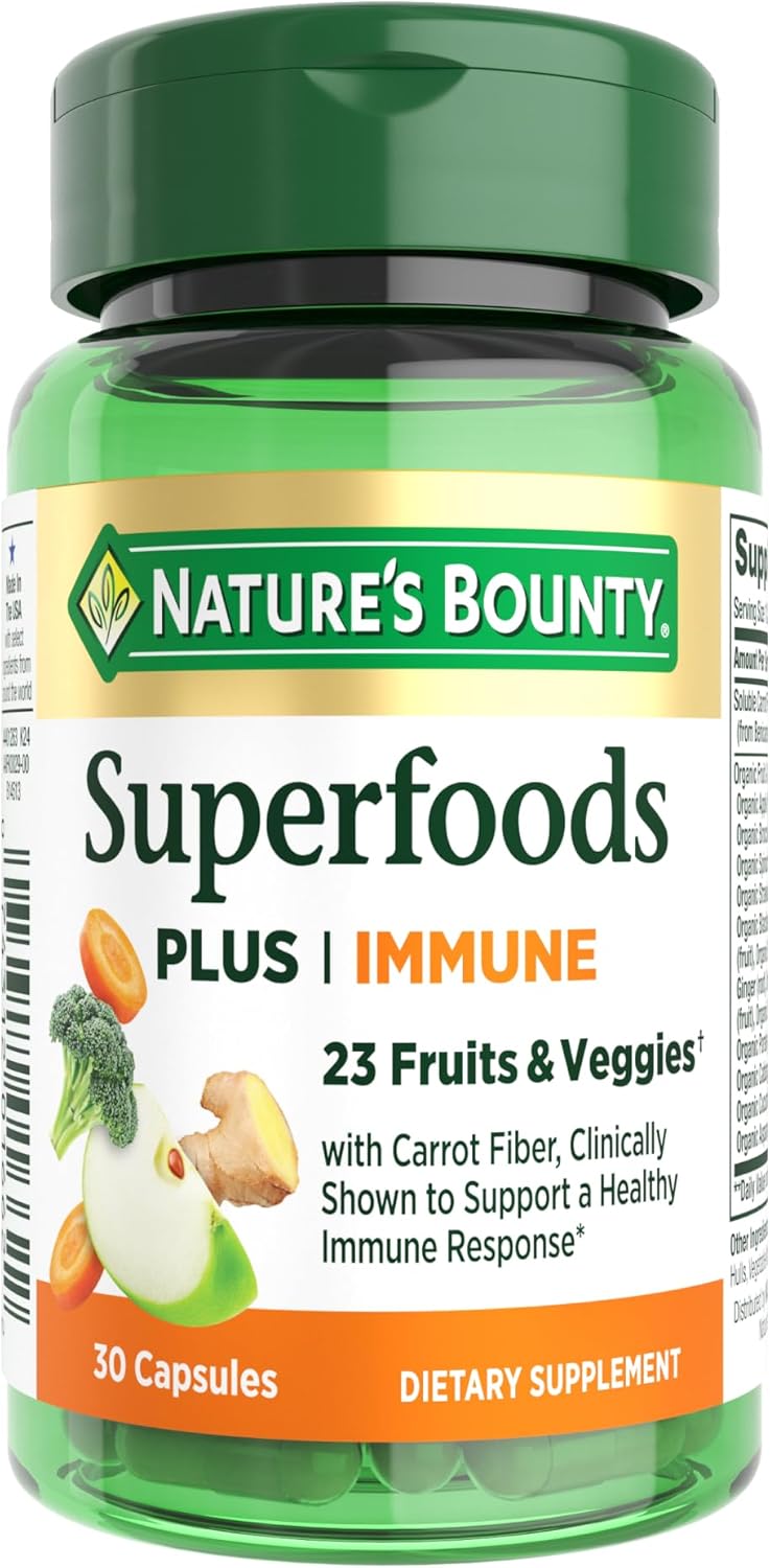 Nature’s Bounty Superfoods Plus Immune for Immune Support plus Fruits and Vegetables Supplement, Superfood, 30 Capsules