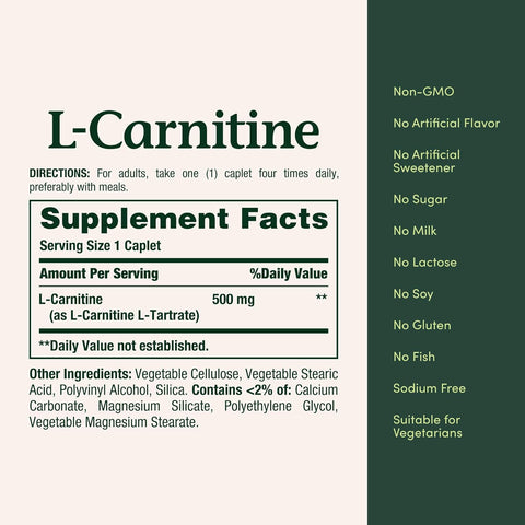 Nature's Bounty L-Carnitine, Supports Heart Health & Fat Metabolism, Amino Acid Supplement, 500 mg, 30 Tablets