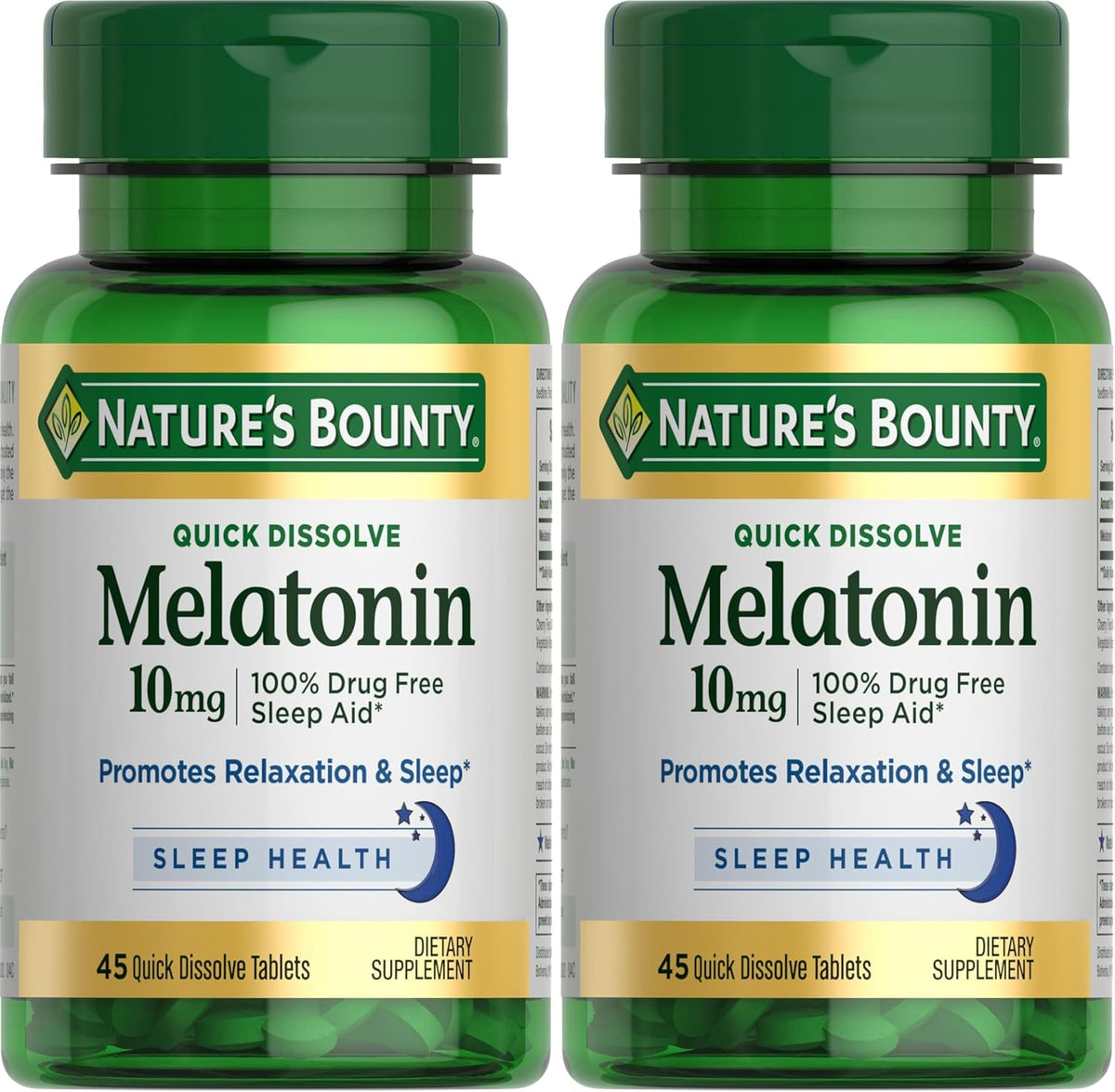 Nature's Bounty Melatonin, 100% Drug Free Sleep Aid, Dietary Supplement, Promotes Relaxation and Sleep Health, 10mg, 45 Quick Dissolve Tablets (Pack of 2)