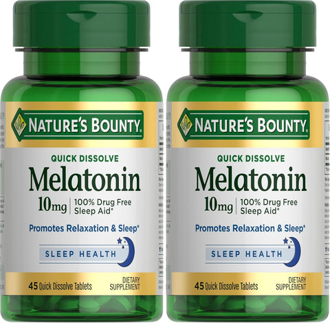 Nature's Bounty Melatonin, 100% Drug Free Sleep Aid, Dietary Supplement, Promotes Relaxation and Sleep Health, 10mg, 45 Quick Dissolve Tablets (Pack of 2)
