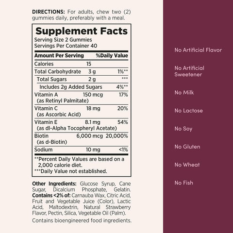 Nature's Bounty Optimal Solutions Hair, Skin & Nails Vitamin Gummies with Biotin, 2500 mcg, Strawberry, 80 Count, 40 Total Servings