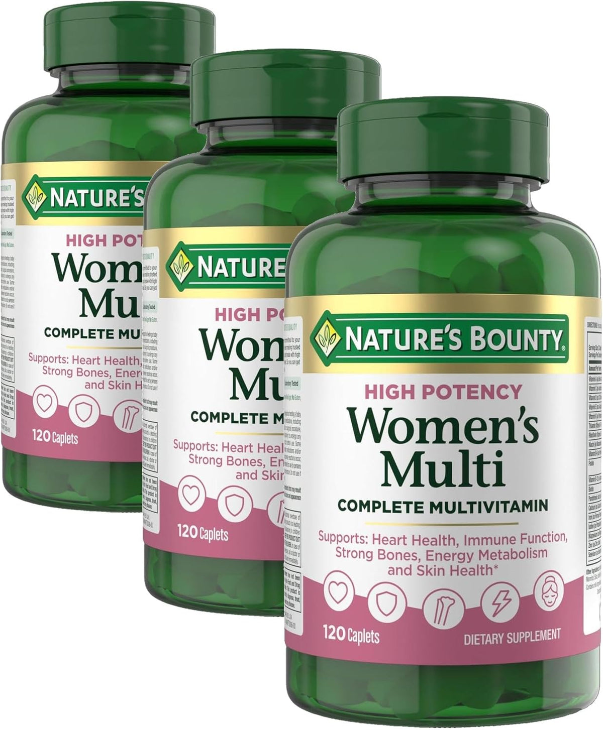 Nature's Bounty High Potency Women’s Complete Multivitamin, Daily Vitamin with Vitamin C, Supports Heart Health & Immune Function, Essential Nutrition for Women, 120 Caplets (Pack of 3)